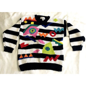 One Step Up Knotted By Hand 80”s Sweater Women’s Sz M Black/White Pullover